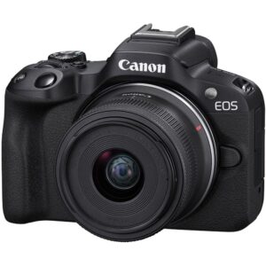 Canon EOS R50 Mirrorless Camera with RF-S 18-45mm lens front view on pure white background